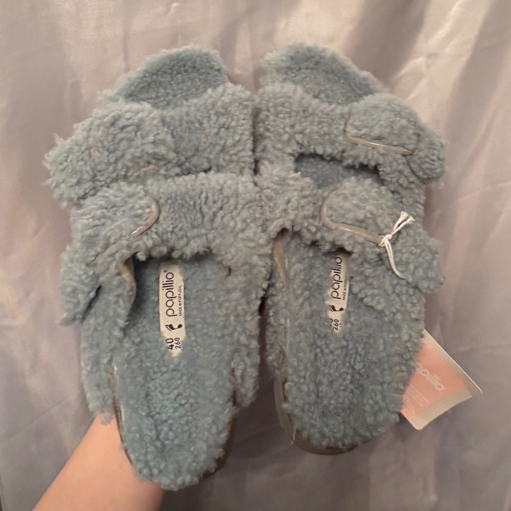 Papillio Birkenstock Arizona two strap teddy shearling in Faded Aqua